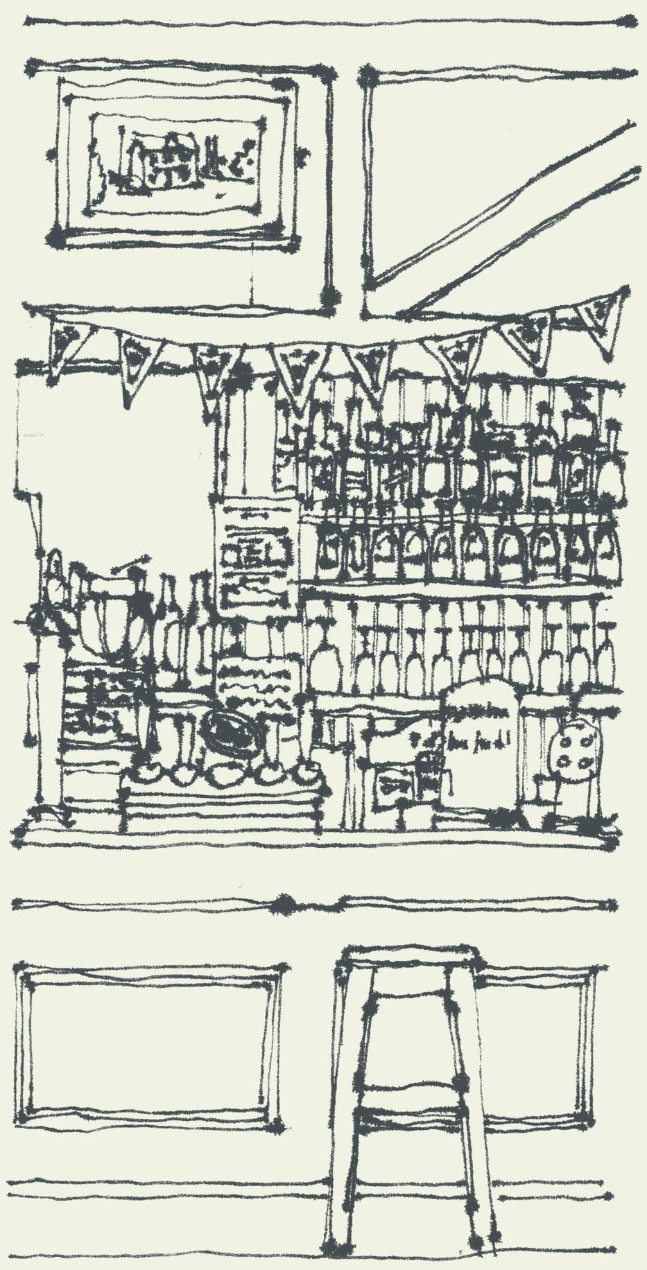 DW7 Will Knight Drawing (2) A pen drawing of a bar in a pub